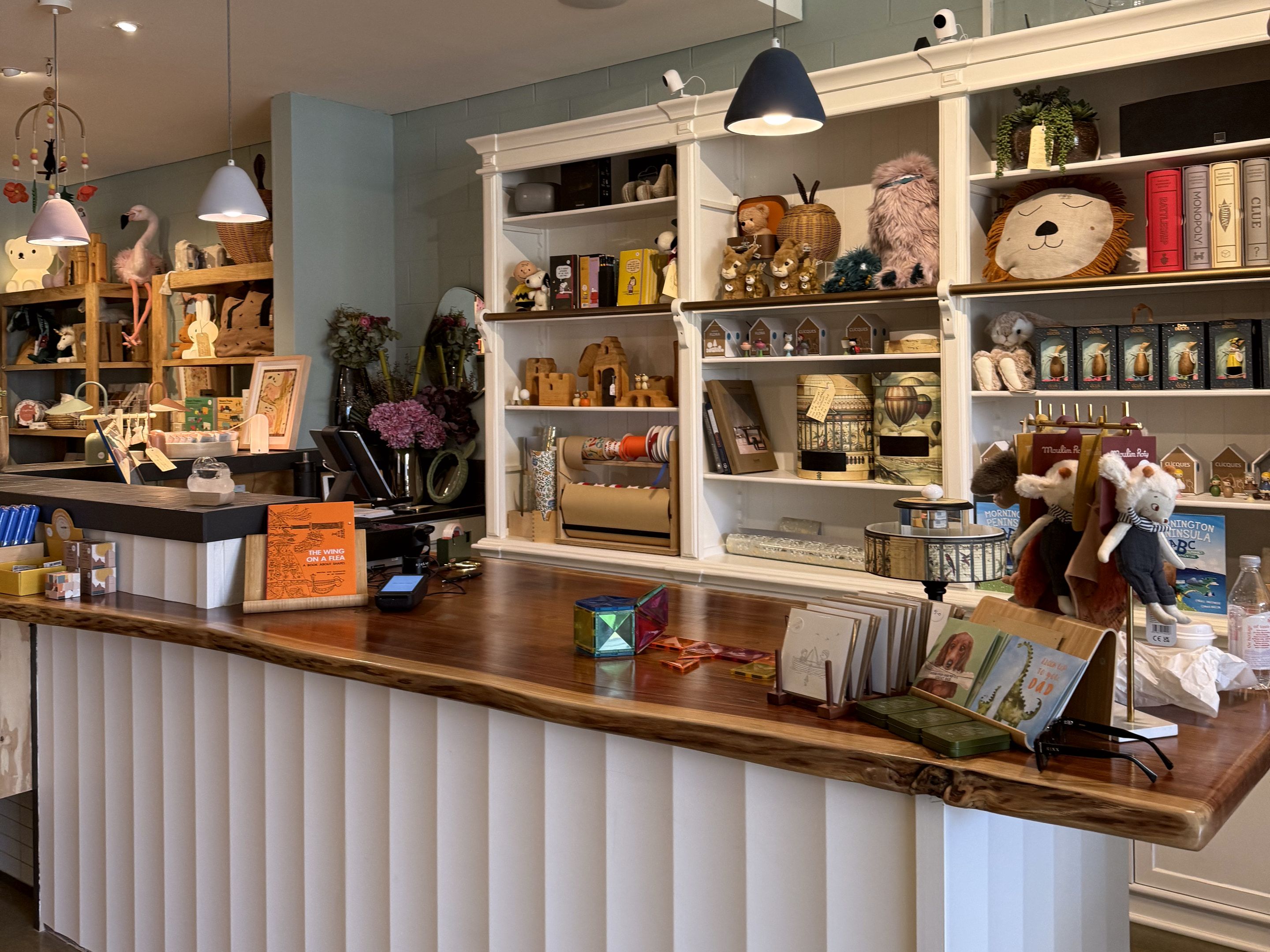 Shop counter and shelving displaying children's toys and books